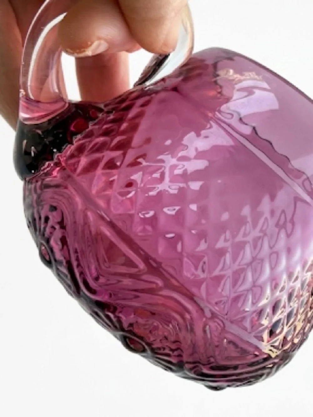 Vintage Cranberry Glass Creamer Mini Pitcher Diamond Quilted Pattern Pontil Mark